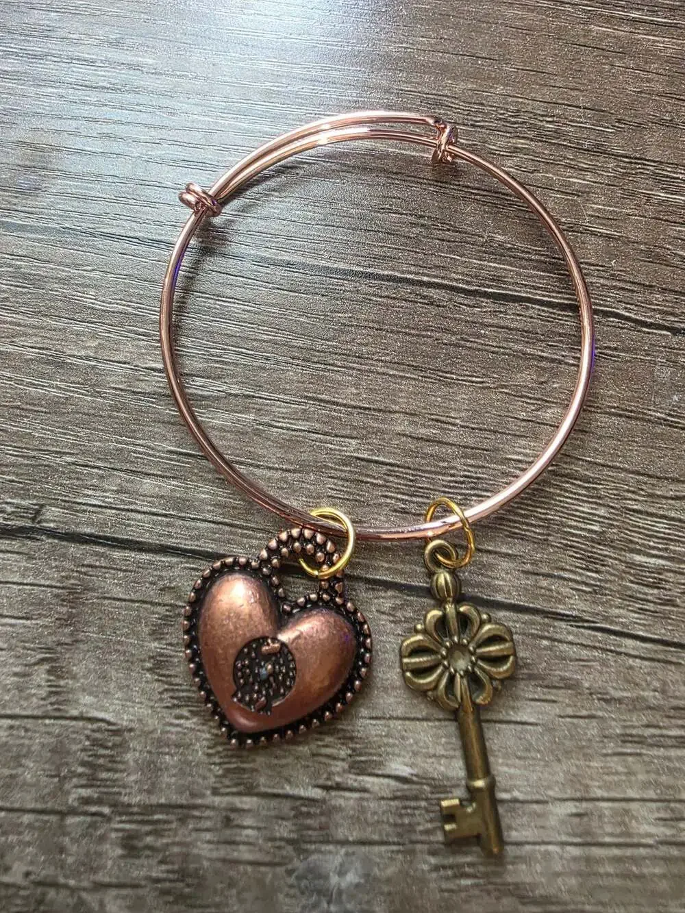 Whirlwind Romance Copper Heart and Key Charm Bangle Bracelet